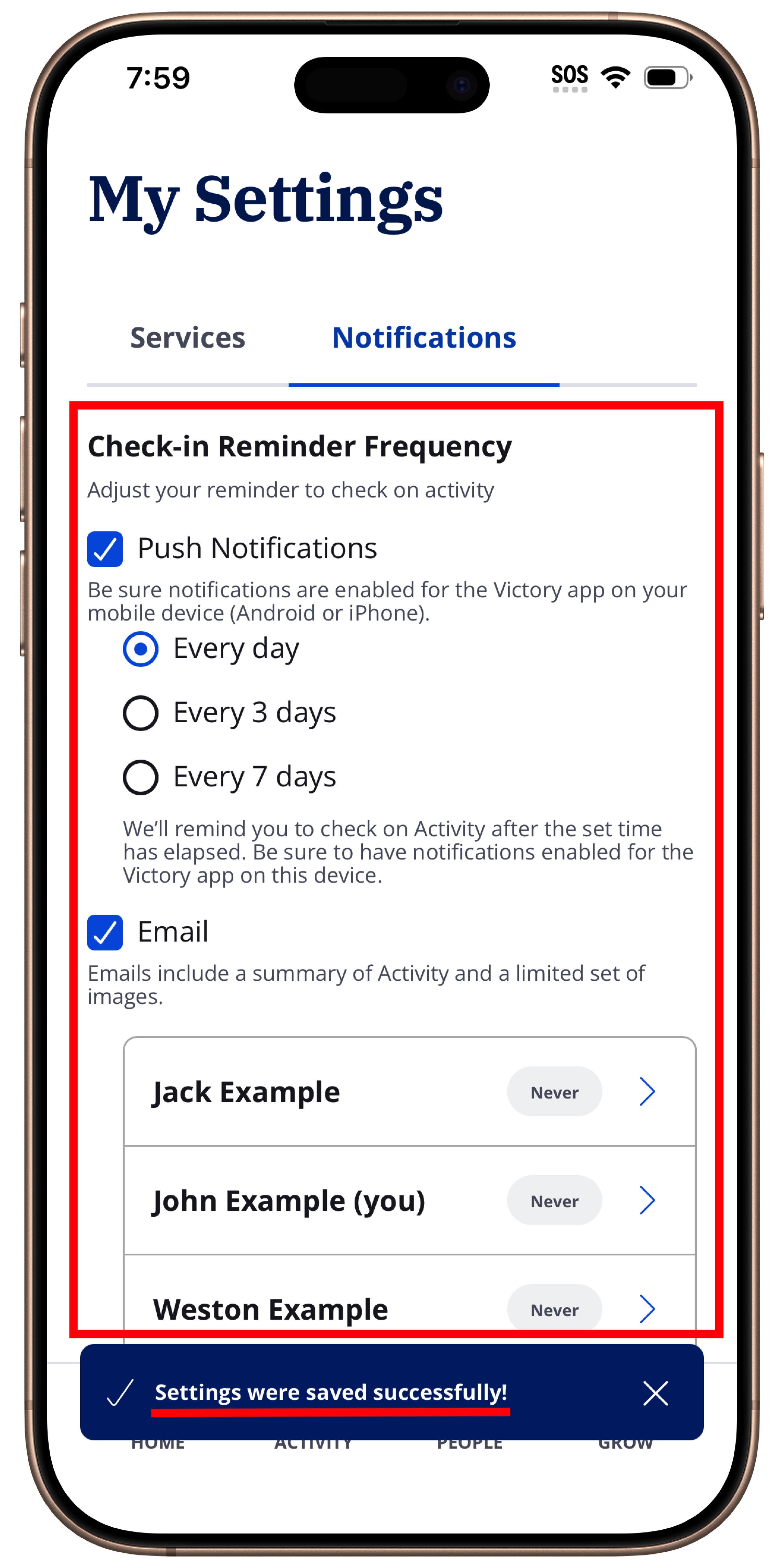 How do I change my Check-in Reminder Frequency notification settings ...